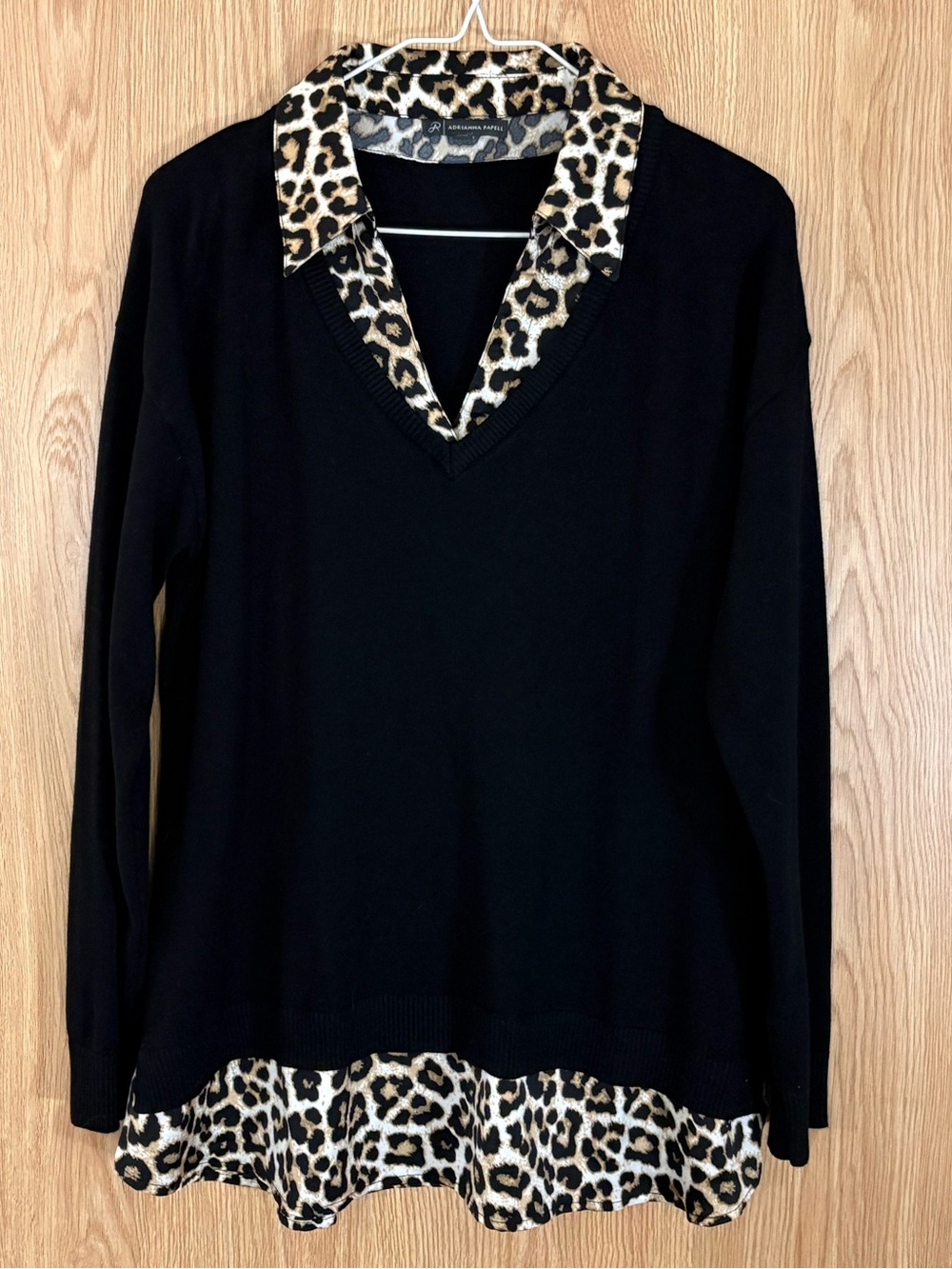 Adrianna Papell Black V-Neck Sweater with Leopard Trim